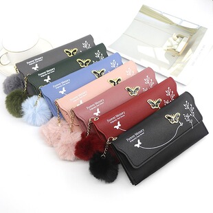 Fashion Long Zipper Wallet Solid Color Hairball Bow Handbag