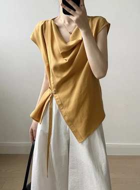 Swing collar tencel shirt women waist tie open sleeve small