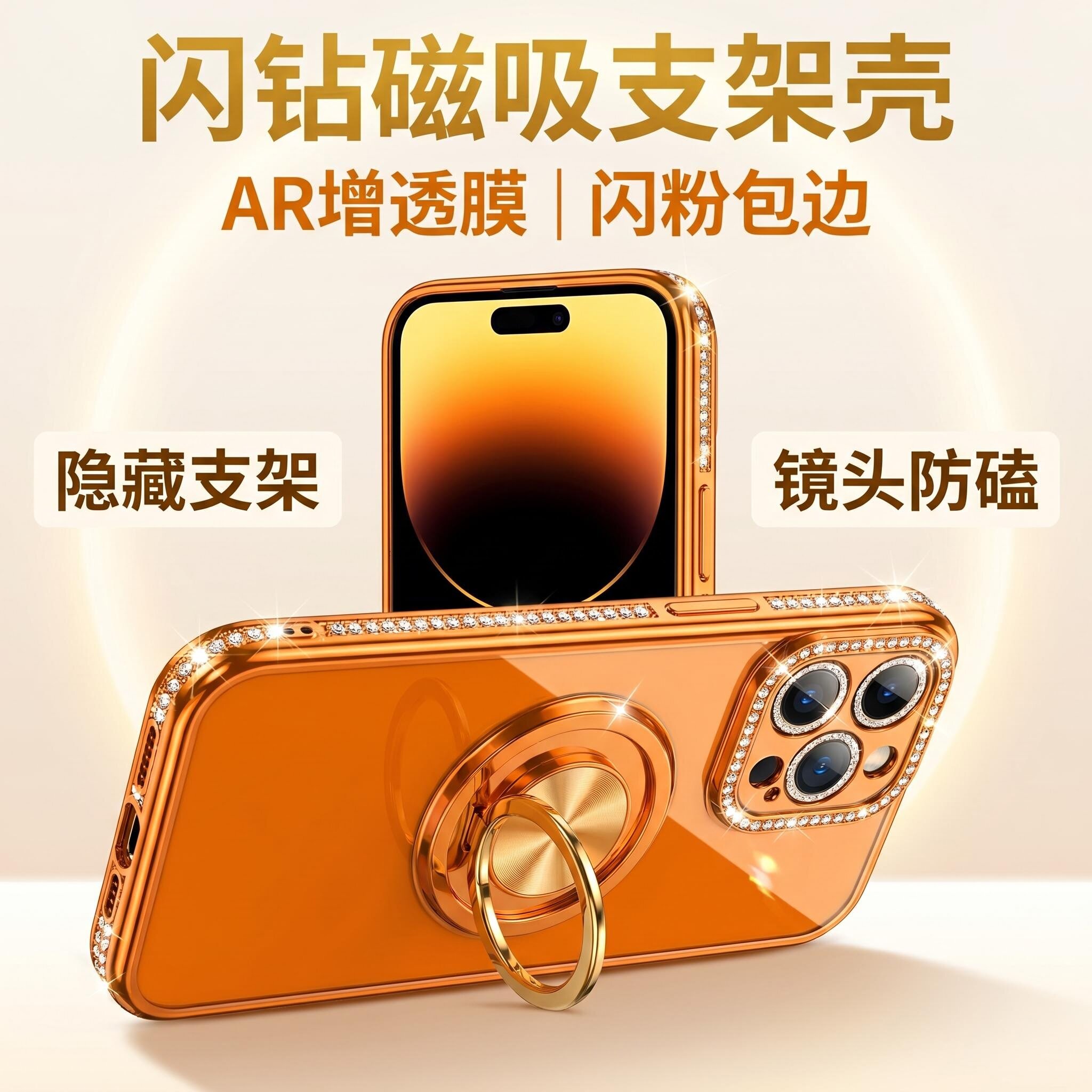 适用苹果16promax手机壳2026新款iphone15镜头全包15pro镜子磁吸支架防摔13硅胶保护套防摔闪粉带镜头膜闪钻