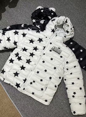 15GET 美式街头趣味星星印花连帽熊猫耳棉服短宽保暖排骨外套男女