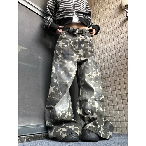 男女同款星星印花弯刀裤拖地长裤