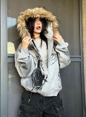 15GET 美式复古重磅加厚毛领连帽卫衣慵懒感开衫外套情侣款秋冬潮