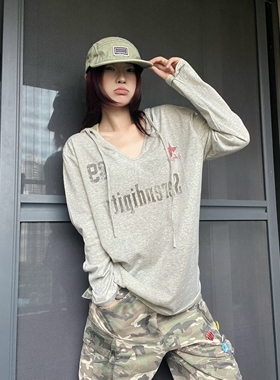 15GET 美式复古斑驳印花连帽上衣夏季薄款宽松长袖防晒罩衫男女潮