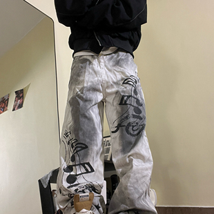 男女 音符五角星印花阔腿直筒裤 15GET美式 街头水洗做脏重工牛仔裤