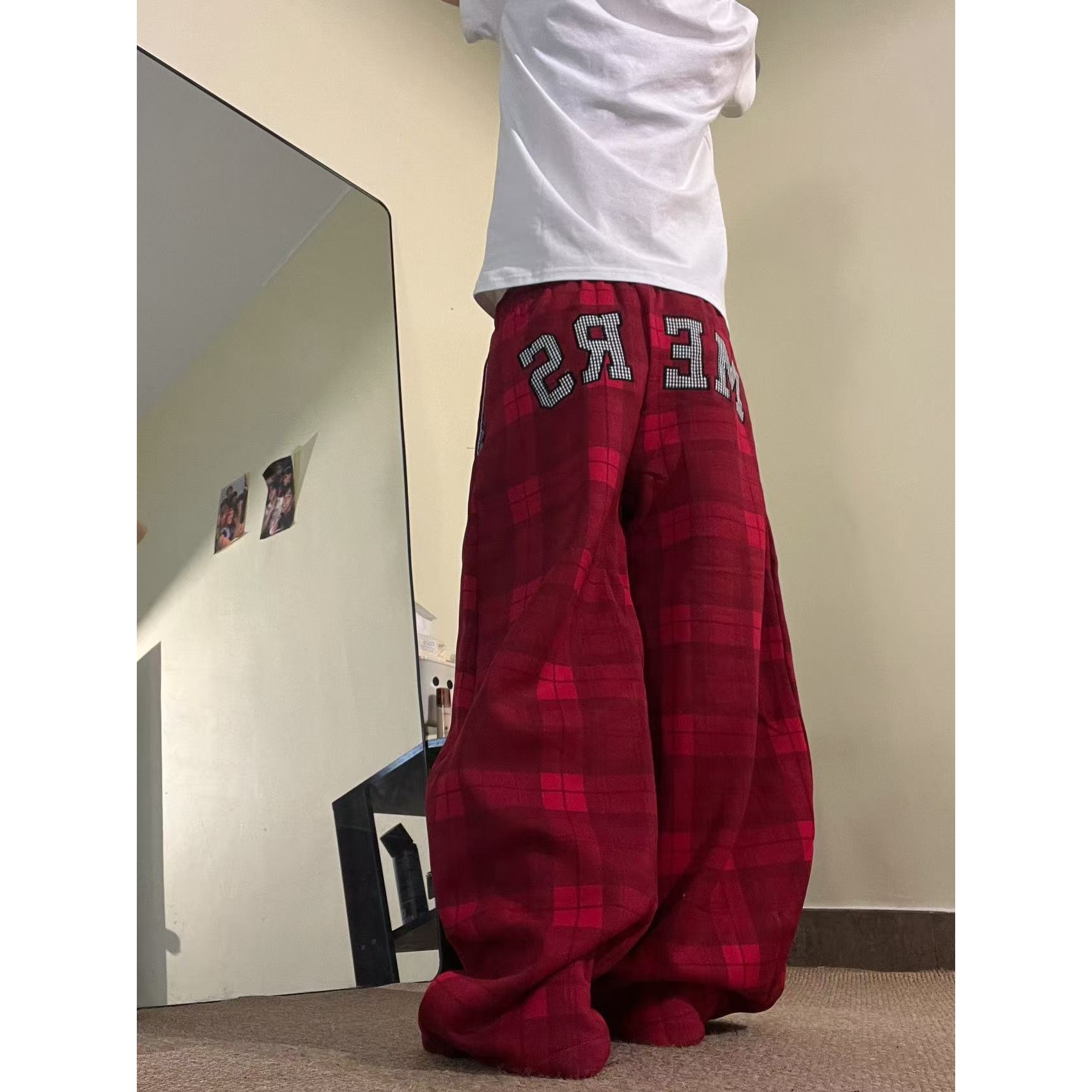 15GET 美式街头刺绣贴布格纹松紧腰阔腿裤休闲运动百搭长裤男女,女装/女士精品,卫裤,淘宝优惠券,粉丝福利购,淘宝优惠卷