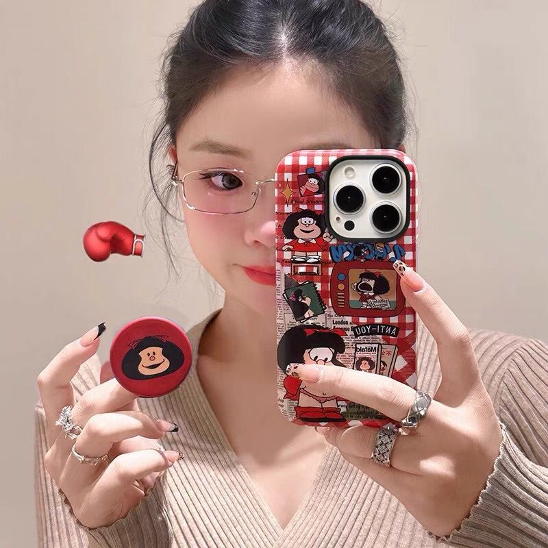 复古卡通格子玛法达适用于vivo x200spro/x100s/x90/x80手机壳二合一s20pro/s19/s18e/原创s17/12女卡通x60