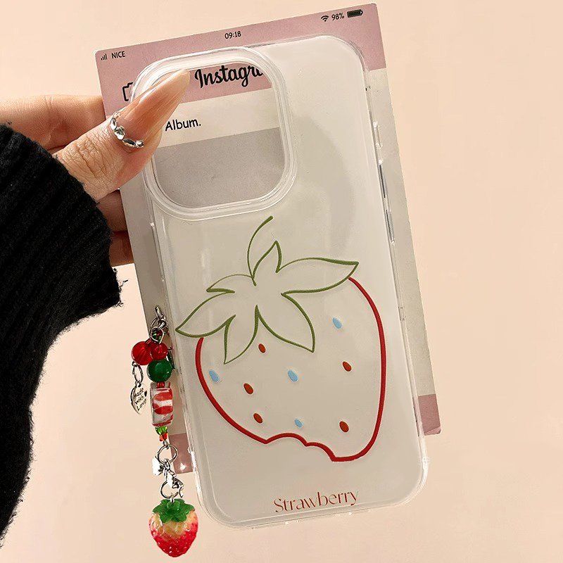 ins韩风可爱线条草莓适用于苹果16promax手机壳iphone15/14全包xsmax创意13proxr女12mini小众11pro白底IMD