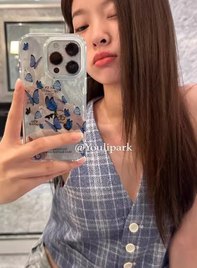 韩系高级羽纱蓝色蝴蝶适用于oppo A3pro/93s手机壳A2x/2m创意a57手机套a96全包A97/a11x羽纱A92透明a78女58x