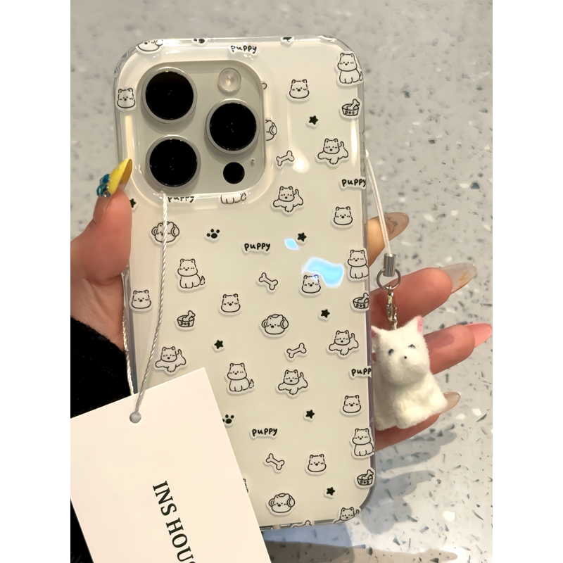 ZYL卡通线条白色小狗适用于苹果16promax手机壳iphone15/14全包xsmax创意13proxr女12mini小众11pro白底IMD