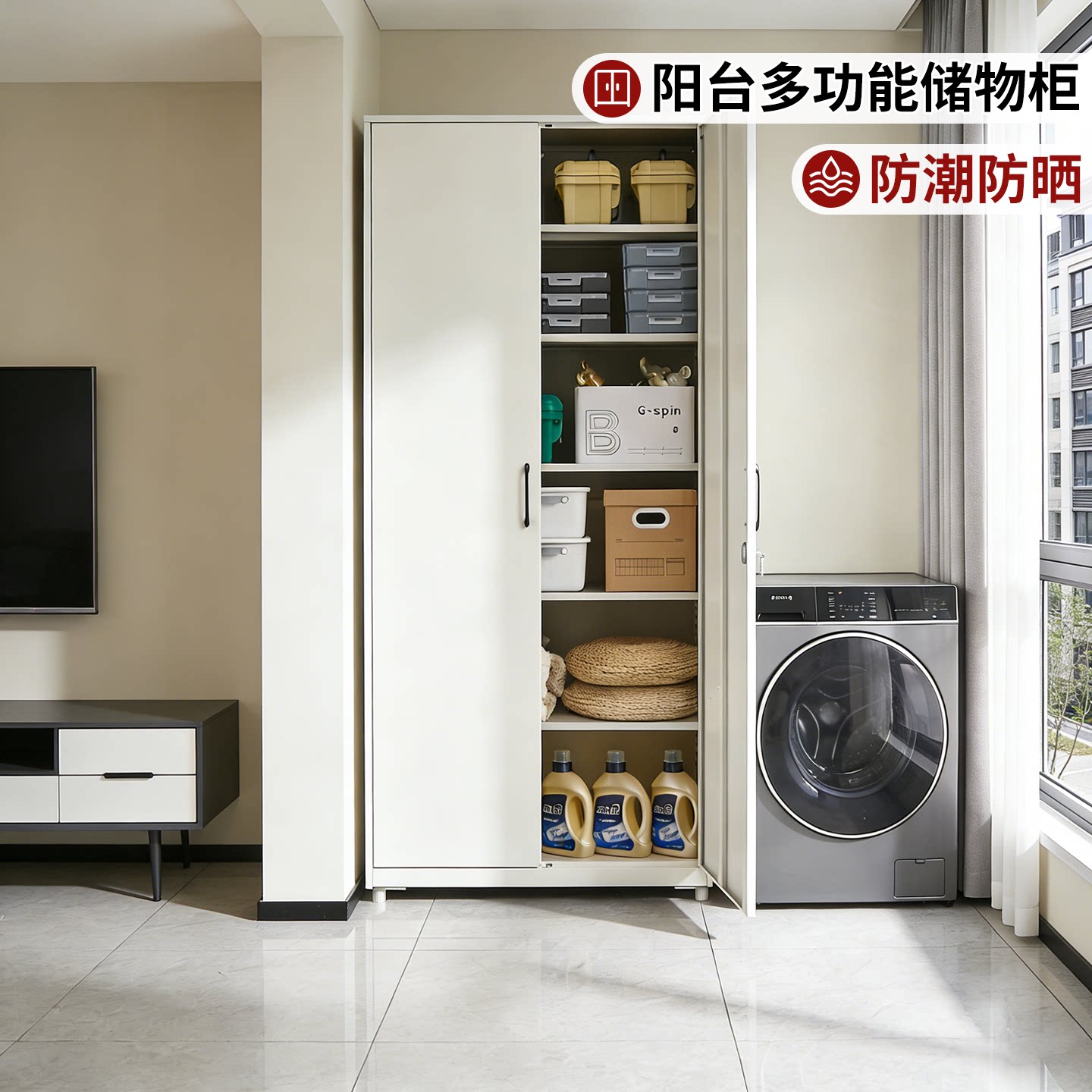 阳台柜子储物柜家用靠墙一体防晒简约落地置物柜奶油风铁艺收纳柜