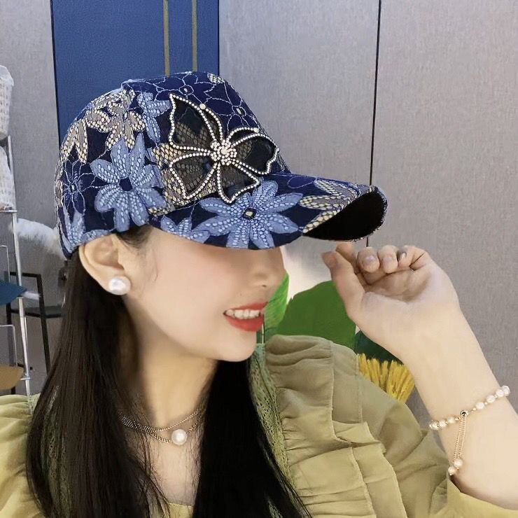 帽子女2026新款夏季水钻棒球帽子蕾丝蝴蝶网纱透气遮阳鸭舌帽女款