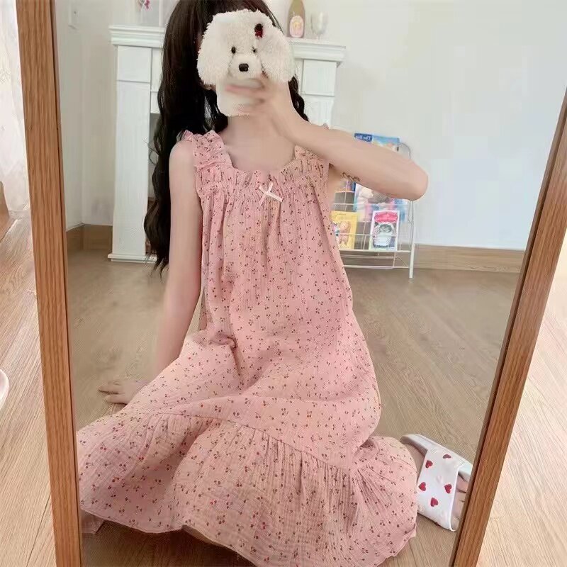 韩版吊带背心睡裙女款夏中长款纯棉甜美公主风薄款可爱睡衣可外穿