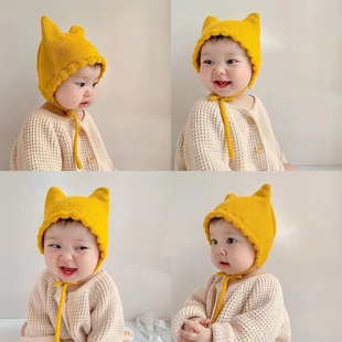 宝宝早秋帽子婴儿薄款婴幼儿护卤门帽可爱猫耳朵宝宝保暖毛线护耳