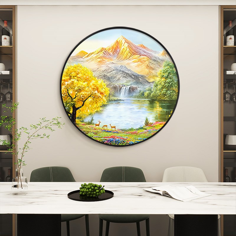 日照金山手绘油画入户玄q关装饰画正对门圆形挂画山水风景小鹿壁图片