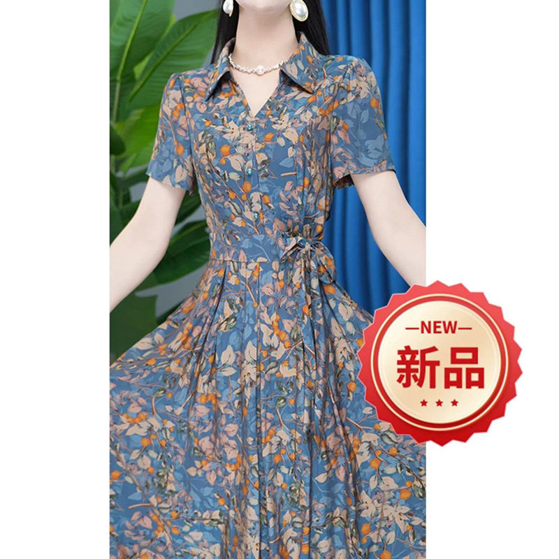 麦子姐姐polo领印花连衣裙女2024年新款夏季韩版收腰系带女装裙子