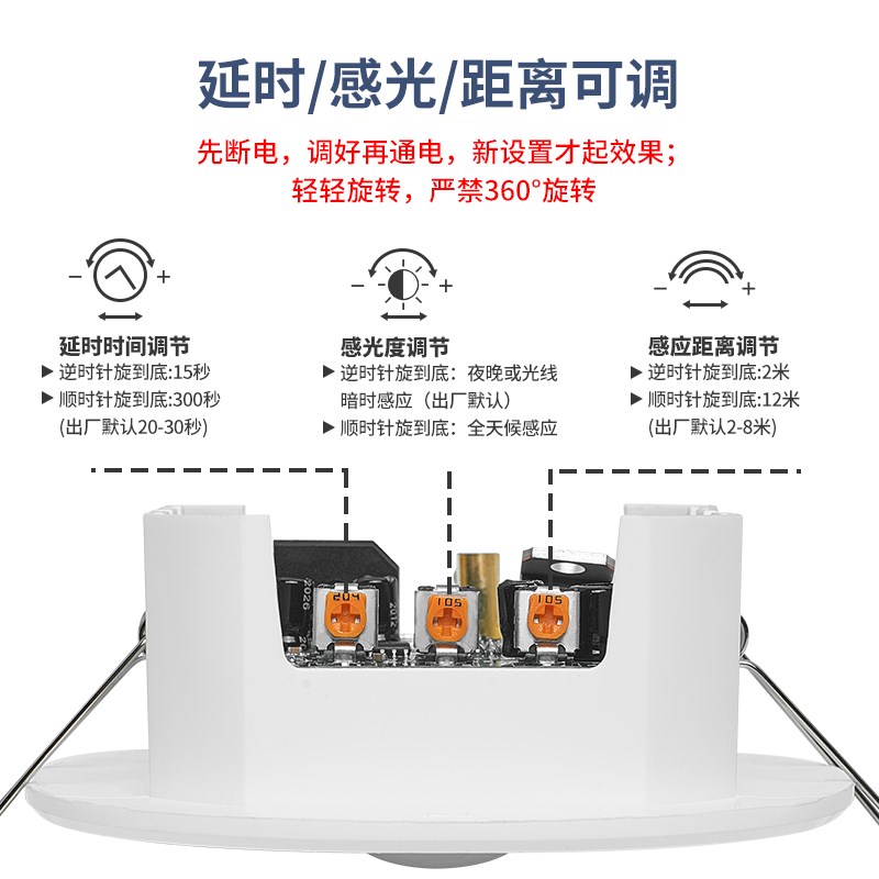 12V24V嵌入式人体感应开关感光延时可调大功率红外线吸顶感应器
