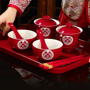 陪嫁用品大全 菲寻敬茶杯子结婚喜碗婚礼改口红色敬酒茶杯碗筷套装