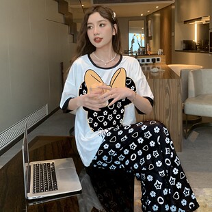 夏天 带胸垫夏季 提花睡衣女短袖 薄款 三件套宽松卡通休闲家居服套装