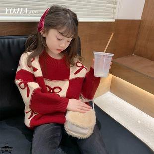 中童12到15岁红色毛衣女 女童毛衣2024韩系童装 宽松洋气儿童针织衫