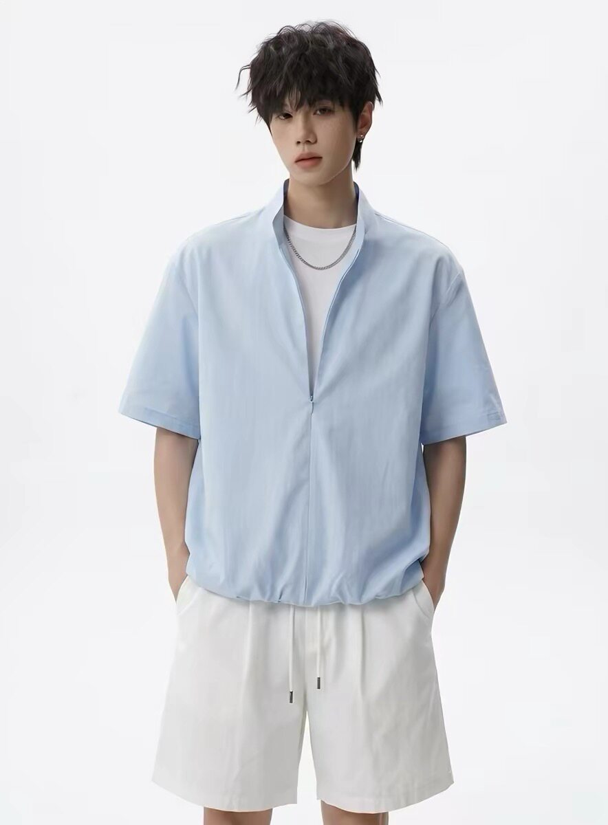 HN26ss/【假两件套装】夏季纯棉翻立领短袖T恤男百搭设计款两件套
