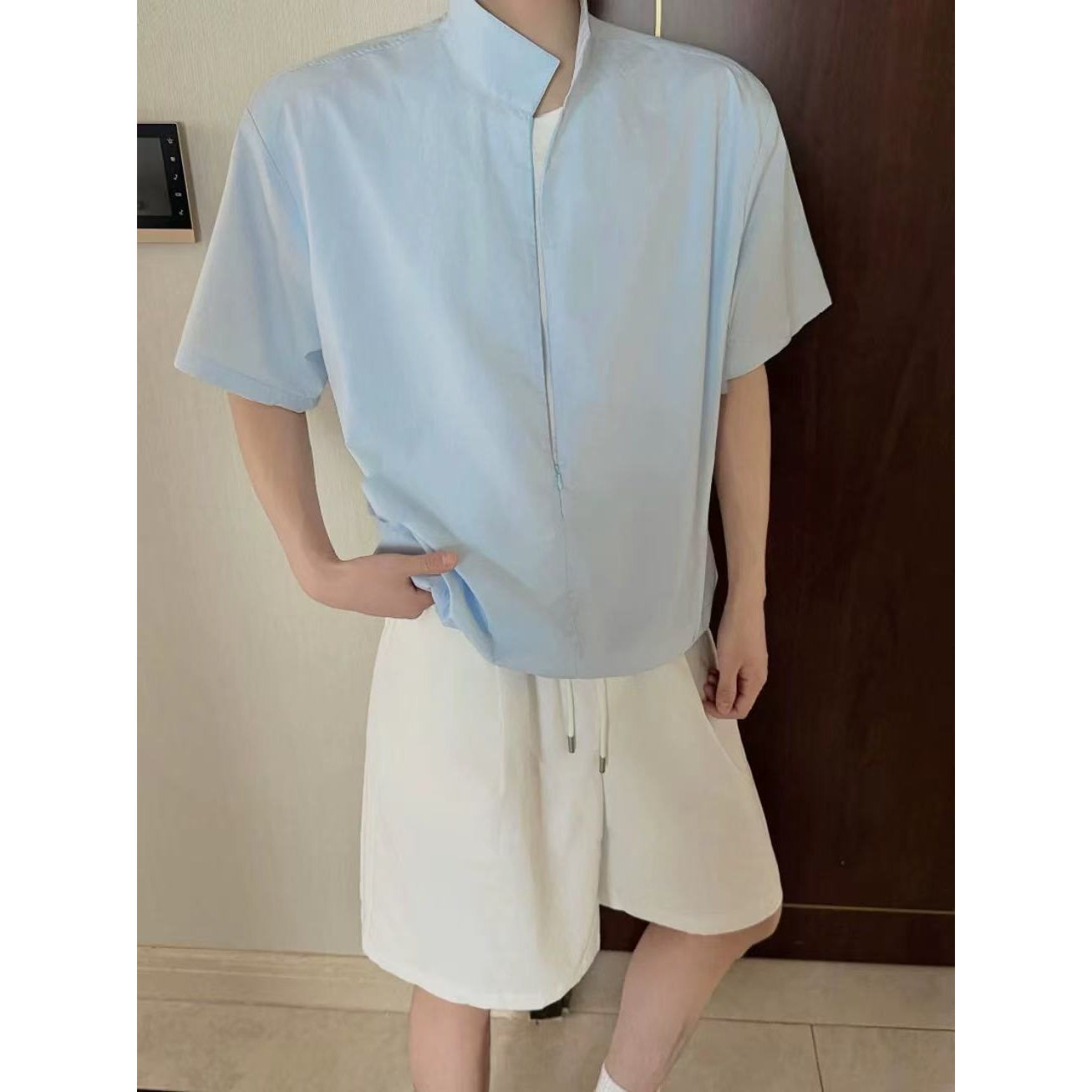 HN26ss/【假两件套装】夏季纯棉翻立领短袖T恤男百搭设计款两件套