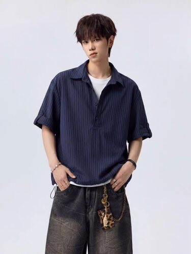 HN26ss/条纹衬衫夏季新款宽松休闲百搭短袖衬衫男