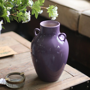 饰居家中号欧式 餐桌装 装 紫色双耳陶罐白色花瓶法式 饰桌面摆