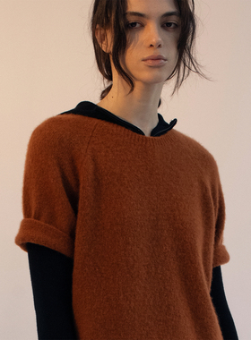 322WORKHOUSE厚款叠穿短袖宽松拉毛毛衣针织衫女2025秋冬新款B882