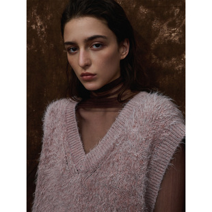 322WORKHOUSE长毛毛衣马甲女士2025新款 叠穿针织v领背心B815 秋季