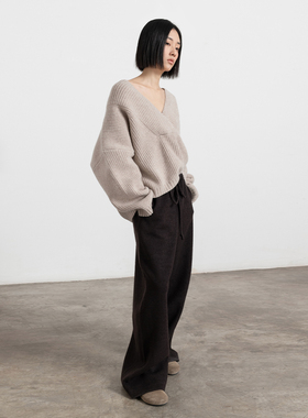 322WORKHOUSE羊毛阔腿抽绳休闲裤女2025新款秋季长裤咖色裤子B548