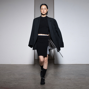 322WORKHOUSE羊毛针织开衩短裙女2024新款 直筒双层半身裙B409 秋季