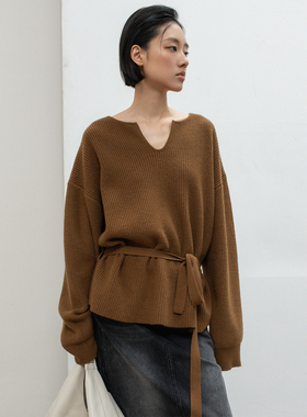 322WORKHOUSE羊毛v领长袖针织衫女士2025新款秋季荷叶边上衣B800