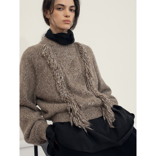 322WORKHOUSE羊毛混纺拉毛绞花毛衣女2025新款 B867 秋冬流苏针织衫