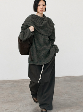 322WORKHOUSE羊毛大翻领针织衫女士2025新款秋季宽松慵懒毛衣B454