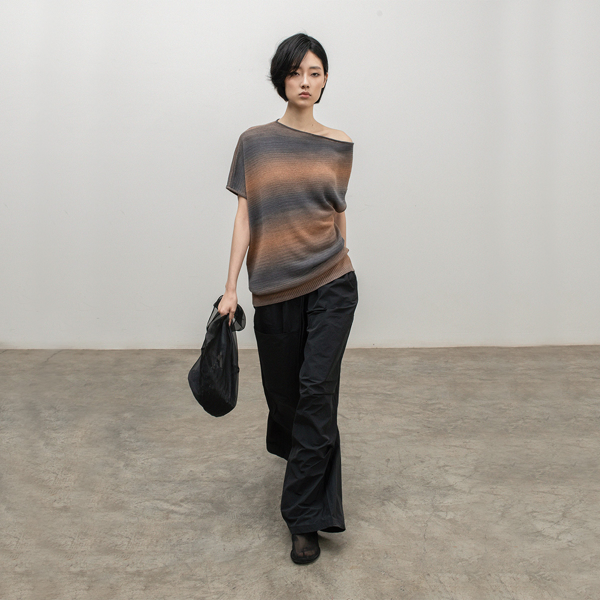 322WORKHOUSE和纸纱斜肩上衣短袖针织衫女2025新款薄款高级感B698