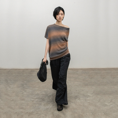 渐变和纸纱斜肩针织短袖