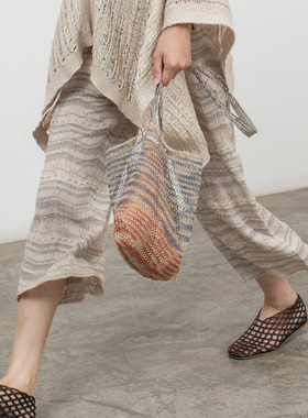 322WORKHOUSE亚麻直筒九分裤女士2025新款夏季薄款镂空休闲裤B758