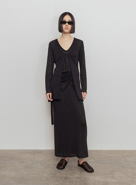 322WORKHOUSE黑色v领开衫女2025新款早秋薄款系带垂感针织衫B342