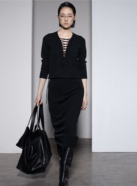 322WORKHOUSE纯山羊绒针织V领打底衫女2024新款秋抽绳套头衫B398