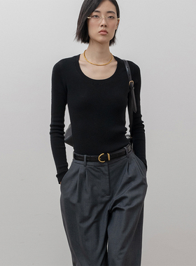 322WORKHOUSE羊毛黑色u领打底衫女士2025新款秋季针织衫上衣B475