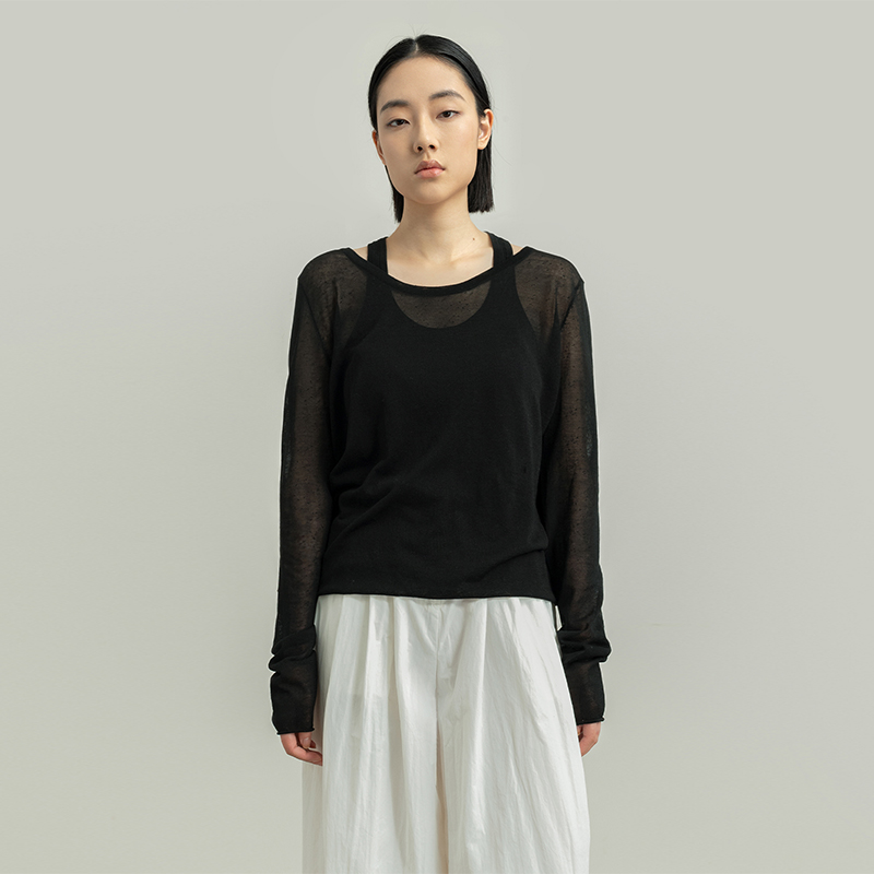 有机棉混纺假两件套头衫圆领