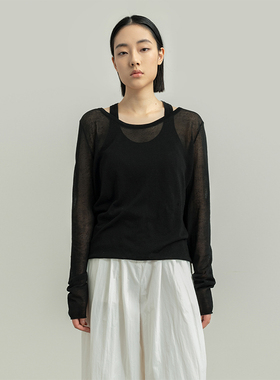 322WORKHOUSE黑色薄款针织衫女士2025新款春秋假两件气质上衣B286