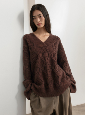 322WORKHOUSE羊毛v领针织衫上衣女2025新款秋季宽松厚款毛衣B472