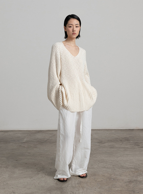 322WORKHOUSE喇叭袖v领针织衫女士2025新款秋季长袖毛衣上衣B587