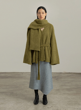 322WORKHOUSE圈圈纱羊驼毛系带针织外套女无扣宽松开衫B183+B184