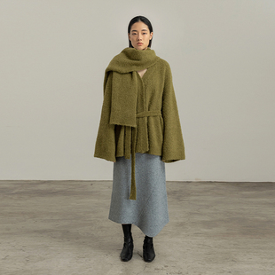 322WORKHOUSE圈圈纱羊驼毛系带针织外套女无扣宽松开衫 B184 B183