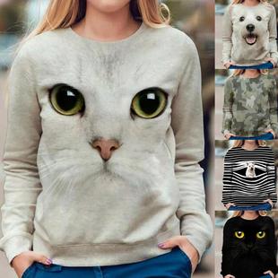 casual women fashion shirt long print Animal sleeved cat