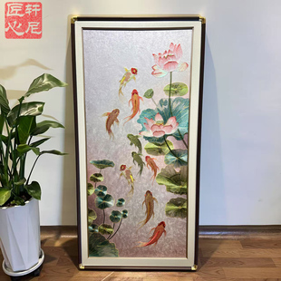荷花九鱼图高端织锦刺绣装饰画进门玄关苏绣壁画茶室走廊走道壁画