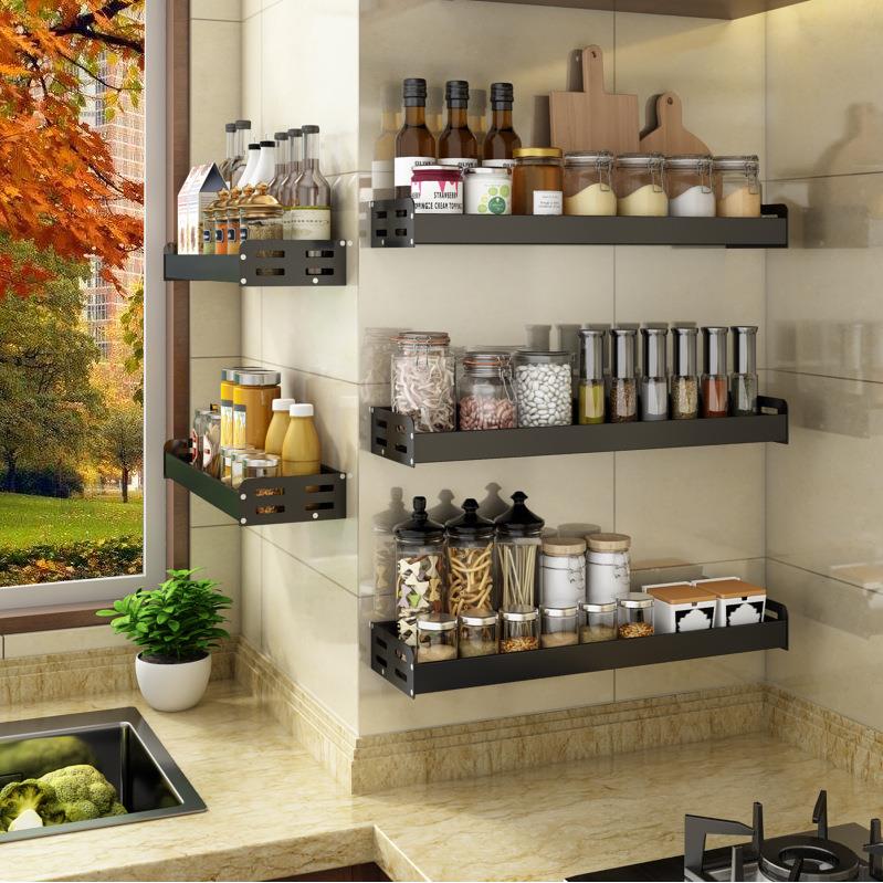 厨房调料架子免打孔黑色太空铝多功能用品调味盒收纳壁挂式置物架