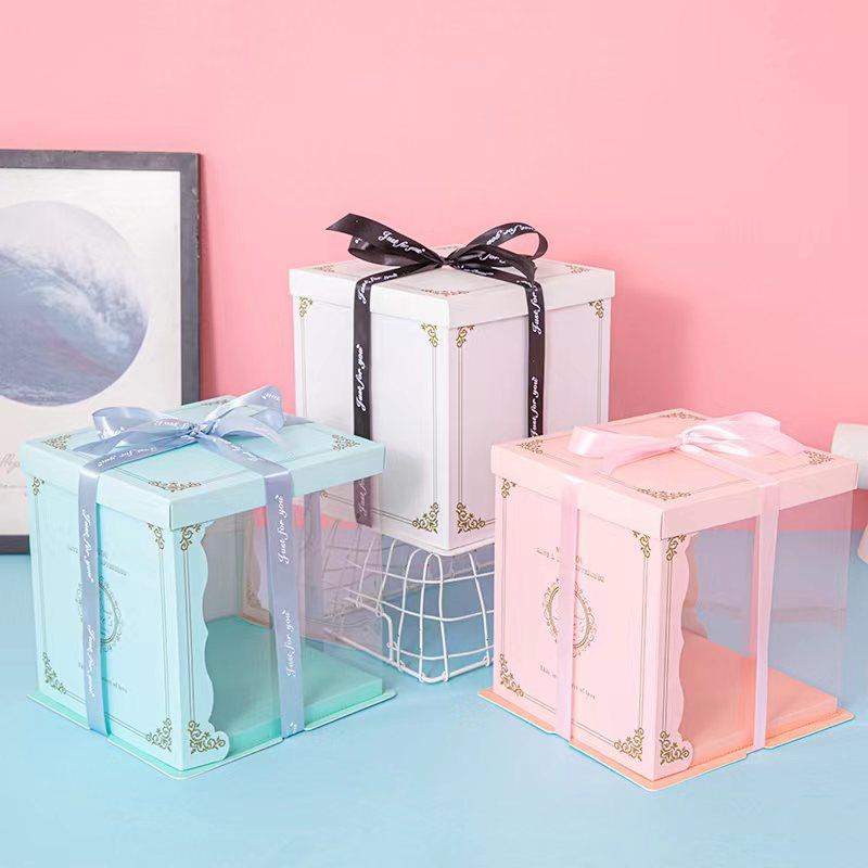 半透明生日蛋糕盒子双层加高6寸8寸10寸烘焙包装盒蓝色粉色白色